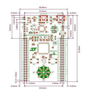 Stm Discovery Kit STM32F3 STM32F303VC With Programming Cable - a technical dimension diagram of the circuit board with labels for ports, pins, and components in green and red lines.