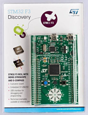 Stm Discovery Kit STM32F3 STM32F303VC With Programming Cable - original retail packaging, showing a green development board with a central chip, buttons, LEDs, and USB ports.