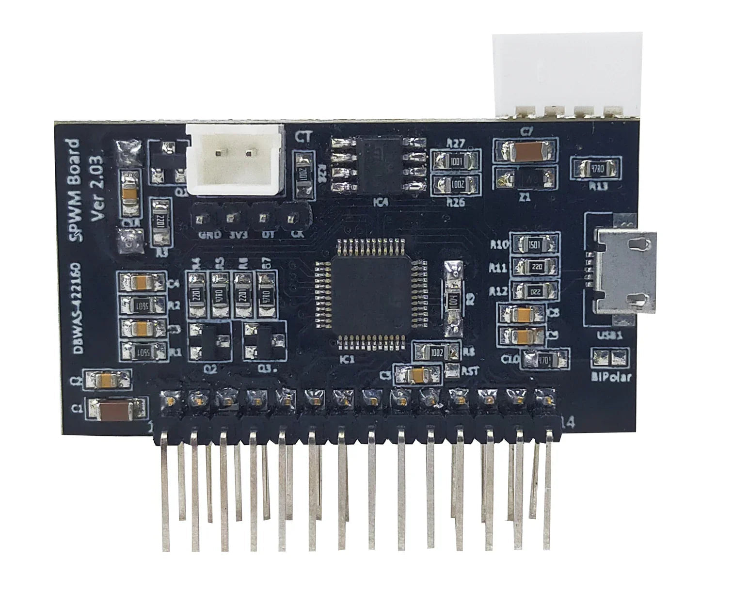 STM Sinewave Inverter Drive Module (Grid Sharig) + CT + 3.5" TFT Display + Cable - a black rectangular circuit board with a central IC, a micro-USB port, a white connector, and a row of header pins.