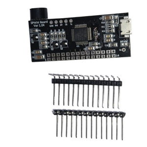 STM Sinewave Inverter Drive Module Pin to pin replacement for DSPIC30F2010 - SPWM Board Ver 1.04, a small black PCB with a QFP microcontroller, micro-USB port and labelled header pads, shown above two loose strips of pin headers.