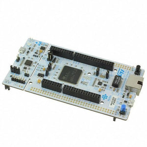 STM32 by ST NUCLEO-F756 STM32 Nucleo-144 Development Board with STM32F756 MCU - a light blue rectangular PCB with a central microcontroller, black pin headers, USB port, and Ethernet jack.