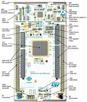 STM32 by ST NUCLEO-F756 STM32 Nucleo-144 Development Board with STM32F756 MCU - a rectangular green circuit board with a central microcontroller, multiple pin headers, connectors, and buttons.