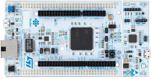 STM32 by ST NUCLEO-F756 STM32 Nucleo-144 Development Board with STM32F756 MCU - a rectangular white circuit board featuring a central microcontroller, black pin headers, Ethernet port, and buttons.