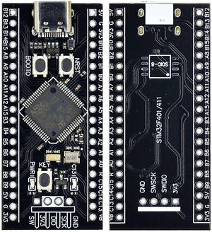 STM32F401RCT6 Development Board ( Black Pill) - USB Connectivity PRICE - the front and back of the black PCB with a USB-C port, two buttons, and labeled pin headers.