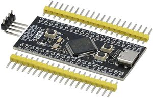 STM32F401RCT6 Development Board ( Black Pill) - USB Connectivity PRICE - rectangular circuit board with a USB-C port, two buttons, and two rows of yellow header pins.