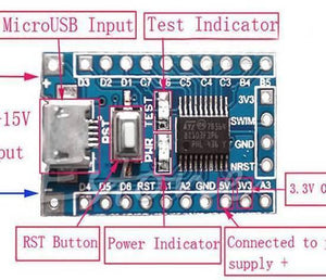 STM8S003F3P6 STM8 Minimum Development Board - a blue rectangular circuit board featuring a MicroUSB port, RST button, and labeled pin headers.
