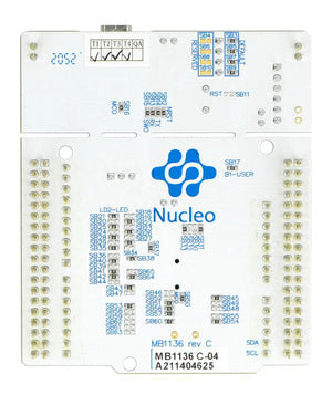 STMicroelectronics NUCLEO-F401RE STM32 Nucleo-64 Development Board with STM32F401RE MCU, USB, ST Morpho Connectivity, On-Board ST-LINK/V2-1 Debugger/ Programmer - a white rectangular circuit board featuring numerous labeled solder bridges and pin headers.