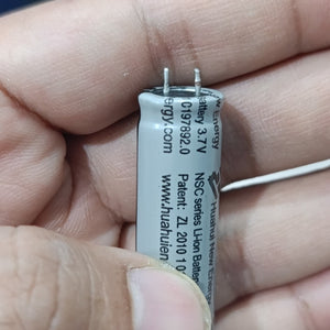 Stock Lot 3.7V 800mAh Lithium Battery 14mm x 50mm 2-Pin Rechargeable (Li-ion Cylindrical Cell) - a close-up of a grey cylindrical Li-ion cell with two metal pins and printed text.