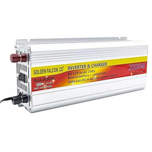 SUA-2000C Original Suoer 12V 2000W Sine Wave Solar Power Inverter And Charger 20A USB 12V DC To 230VAC - a silver rectangular unit with a red and yellow label, featuring two battery terminals, a power switch, and a USB port.