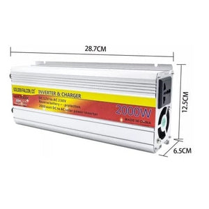 SUA-2000C Original Suoer 12V 2000W Sine Wave Solar Power Inverter And Charger 20A USB 12V DC To 230VAC - a silver rectangular unit with a cooling fan, AC outlet, and overlaid dimension lines in centimeters.