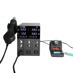 Sugon 212 2 in 1 hot air rework station with the hot air gun on the left and the T12 soldering iron resting in its stand, display reading 500 and 380 degrees