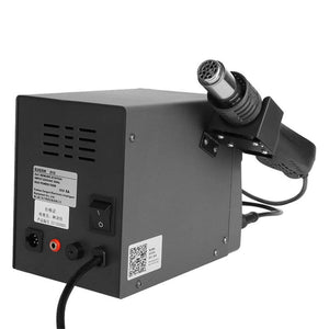 Rear view of the Sugon 212 rework station showing the rating label with 220VAC 50Hz input and 760W maximum power, with the hot air gun held in its side bracket