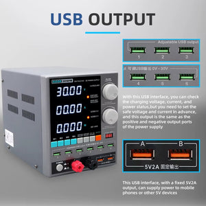 SUGON 3010PM Programmable DC Power Supply 30V 10A Voltage Current Regulator Stabilized Power Supply Voltage Switch AC 220V 110V - a digital display, control knobs, buttons, and multiple USB output ports with labels for adjustable and fixed outputs.