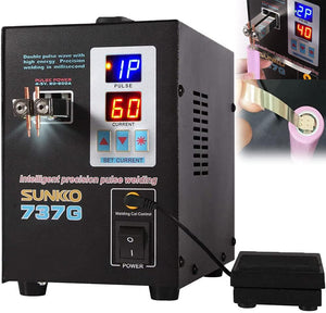 SUNKKO 737G Spot Welder Double Pulse Precision Welding Machine for 18650 Lithium Battery Welding 1.5kW Spot Welder - a black box unit with a digital display showing "1P" and "60", welding probes, a power switch, and an external foot pedal.