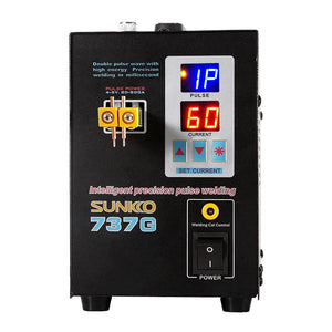 SUNKKO 737G Spot Welder Double Pulse Precision Welding Machine for 18650 Lithium Battery Welding 1.5kW Spot Welder - a black rectangular device with a welding head, a digital display showing "1P" and "60", arrow buttons, and a power switch.