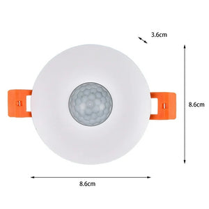 Switch 120 Degree Ceiling Recess PIR Infrared Human Body Motion Sensor Light Bulb Switch - a white circular device with orange mounting clips and dimension labels.