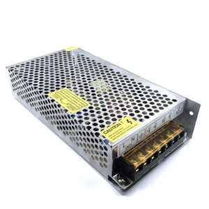 Switching Power Supply SMPS 12V 10A - a silver metal rectangular unit with a perforated cover, AC input terminals, DC output terminals, and voltage adjustment.