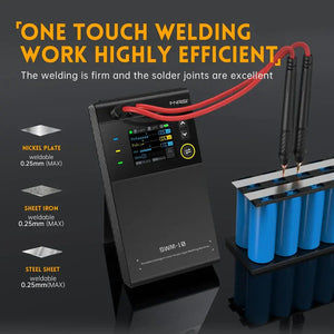 SWM-10 Handheld Spot Welder, DIY Mini Welding Machine, 5000mAh Portable Welding Machine, Weldable 0.25mm Welding Tool - with a black body, color display showing settings, two red welding pens, and a battery pack being welded.