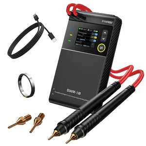 SWM-10 Handheld Spot Welder, DIY Mini Welding Machine, 5000mAh Portable Welding Machine, Weldable 0.25mm Welding Tool - with a black screen showing settings, two welding pens, two spare tips, a roll of nickel strip, and a USB charging cable.