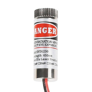 SYD1230 Dot Type Laser Diode Module - a cylindrical silver metal laser component with a red danger warning label and two power wires extending from the base.