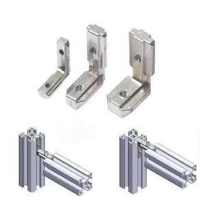 T Slot l Type 90 Degree 4040 Aluminum Connector Brack - shown as three silver metal pieces and two diagrams illustrating their use with aluminum profiles.