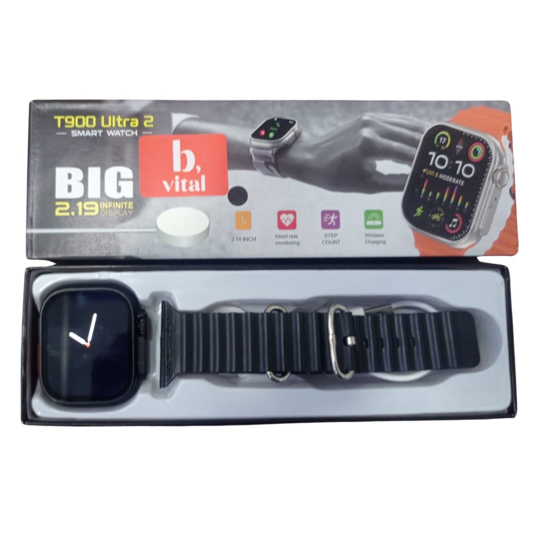 T900 Ultra 2 smart watch with 2.19 big display Vital b - in its open packaging, showing the black watch face, a black ribbed watch strap, and the box lid with product branding.