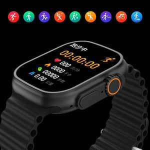T900 Ultra 2 smart watch with 2.19 big display Vital b - in black with a textured strap, featuring a digital display showing running mode, heart rate, calories, steps, and distance.