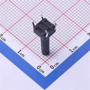 Tactile Switch 6x6x17mm - shown as a black, square-topped push-button component with four metal pins, positioned on a grid background for scale.