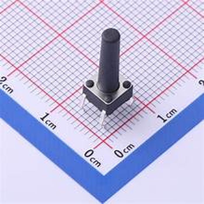 Tactile Switch 6x6x17mm - shown as a black, square-based push-button component with a tall cylindrical actuator, positioned on a cm-grid measurement mat.