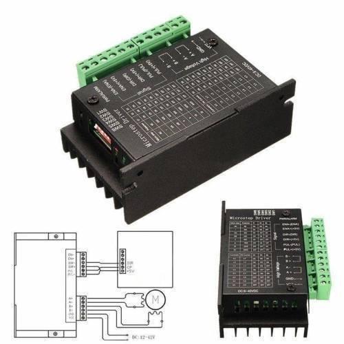 TB6600 Stepper Motor Driver - shown in two black units with green terminal blocks, a heat sink, DIP switches, and a wiring diagram schematic.