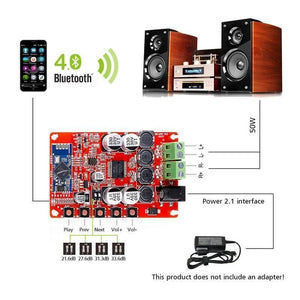 TDA7492 12V 24V 50W + 50W Wireless Bluetooth 4.0 Audio Receiver Board 2x50w Digital Amplifier Module - the red circuit board with buttons, terminals, and a power jack, connected to speakers and a power adapter.