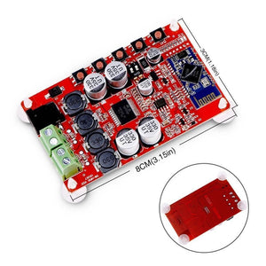 TDA7492 12V 24V 50W + 50W Wireless Bluetooth 4.0 Audio Receiver Board 2x50w Digital Amplifier Module - a red rectangular circuit board with capacitors, inductors, a green terminal block, and dimensions.
