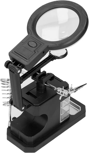 TE 803 Magnifier Soldering Station with LED Light, Adjustable Magnifying Glass Stand Holder, USB Powered for Electrical Maintenance, Engraving, and Laboratory Use - a black adjustable stand featuring a magnifying glass, a metal soldering iron holder, and a clamp.