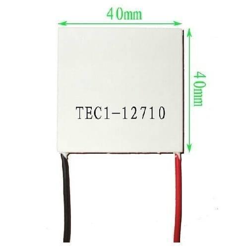 TEC1 12710 Thermoelectric Cooler Peltier Module 12VDC 10A 40x40x3.2mm - a square white component with black and red wires and green dimension labels showing 40mm by 40mm.
