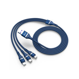 Techno edge 3IN1 USB To Micro/Type C/iPhone Nylon Fast Charging 6A Data Cable 1.2m blue - a coiled blue cable with one USB-A and three output connectors.