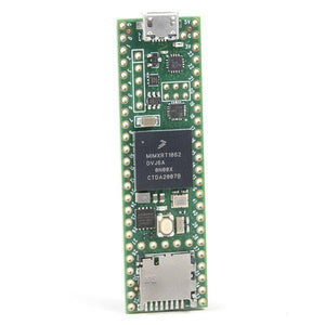 Teensy 4.1 USB Arm Cortex-M7 At 600MHz TEENSY41 Dev-16771 - a green rectangular development board featuring a micro-USB port, a processor chip, and an SD slot.