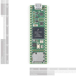 Teensy 4.1 USB Arm Cortex-M7 At 600MHz TEENSY41 Dev-16771 - a green rectangular microcontroller board with a USB port, a memory card slot, and various pins on a white background.
