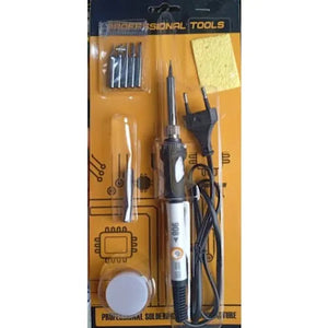 Temperature Control Soldering Iron With 4 Multi - function Tip + sponge - 908 220V 60W price - kit in retail packaging including a soldering iron, five tips, a cleaning sponge, and a solder container.