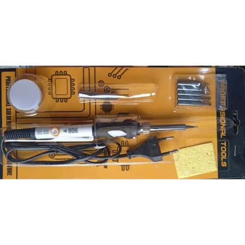 Temperature Control Soldering Iron With 4 Multi - function Tip + sponge - 908 220V 60W price - shown in its yellow retail packaging with a power cord, four metal tips, a cleaning sponge, and a solder container.