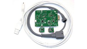 Texas Instruments Analogue Front End Heart Rate Sensor Evaluation Kit For AFE4403 - a green circuit board, two small sensor modules, a USB cable, and a grey medical-style sensor cable.