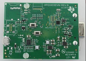 Texas Instruments Analogue Front End Heart Rate Sensor Evaluation Kit For AFE4403 - a green rectangular printed circuit board featuring a micro-USB port, two push buttons, and a serial connector.