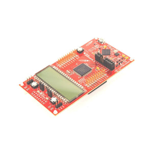 Texas Instruments MSP-EXP430FR6989 Dev Kit, Launchpad, MSP430FR6989 MCU, Energytrace - a red circuit board featuring an integrated LCD screen, two push buttons, and pin headers.