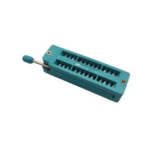 Textool 28 Pin Mini 228-3341 ZIF ZIP DIP IC Socket - a teal rectangular component with a side-mounted lever and a 28-pin socket array.