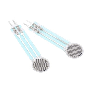 Thin Film Pressure Force Sensor FSR Flexible Bend Sensitive Resistor 20G to 3kg RP-C10-LT - light blue, circular-tipped sensors with silver conductive traces and two-pin connectors.