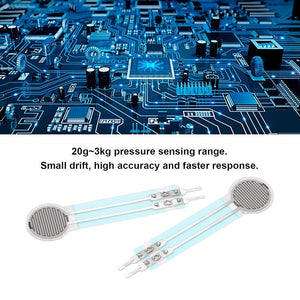 Thin Film Pressure Force Sensor FSR Flexible Bend Sensitive Resistor 20G to 3kg RP-C10-LT - two thin, circular, flexible white sensors with blue tails and metal connector pins on a circuit background.
