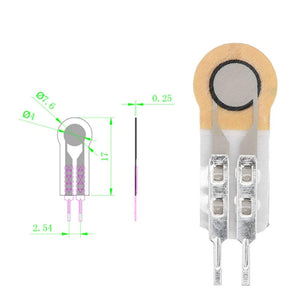 Thin Film Pressure Sensor Force Sensitive Sensing Resistor FSR High Precise 10G to 5Kg RP-C7.6-ST-GCS - shown as a technical dimension diagram next to a close-up of the beige and white flat sensor with two metal pins.