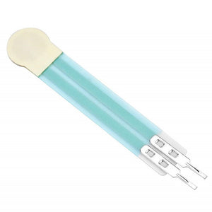 Thin Film Pressure Sensor FSR High Accuracy Flexible Analog Resistor RP-C7.6-LT - light blue rectangular sensor with a round white tip and two metallic pin connectors at the end.