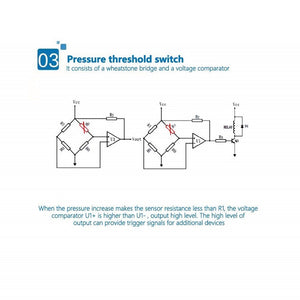 Thin Film Pressure Sensor FSR High Accuracy Flexible Analog Resistor RP-C7.6-LT - technical diagram showing two Wheatstone bridge circuits and a voltage comparator for a pressure threshold switch.
