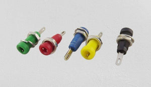 Tj-1-r 2mm Female Banana Connector - shown as a set of five colorful, threaded panel-mount female banana jacks in green, red, blue, yellow, and black.