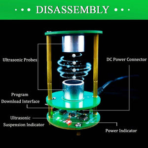 TJ-56-551 Unassemboled DIY Ultrasonic Levitation Kit Floating Standing Wave Control DIY Soldering Project Electronic Kit Acoustic Suspension 12V - the assembled device with two ultrasonic probes, a green circuit board, and labeled ports and indicators.